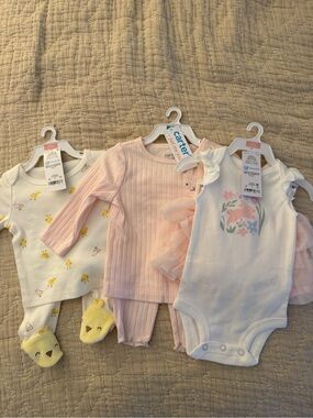 Carter's Pink, White & Yellow Baby Girls 3-Piece One-Piece and Pajama Set